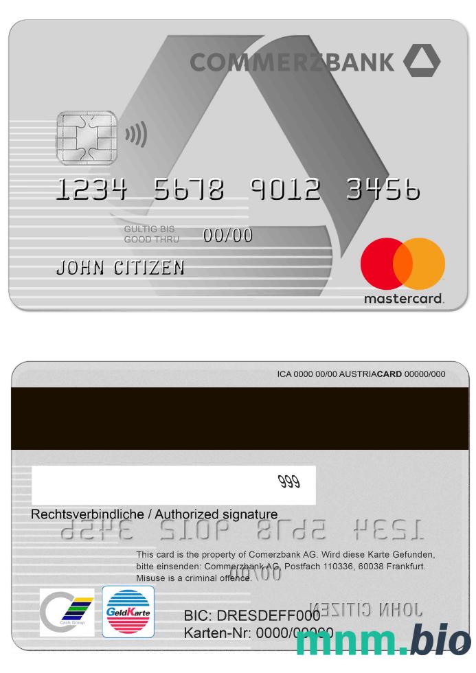 Germany Commerzbank Credit karta w pełni edytowalne PSD